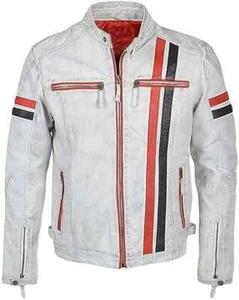 Giacca Uomo Biker Cafe Racer Bianca Moto Vintage Rossa Nera Righe In Pelle - Foto 1 di 8