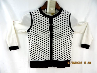 Suéter cárdigan ANN TAYLOR LOFT TALLA XS 100 % algodón blanco roto y negro lunares y ribete Foto 1 de 4