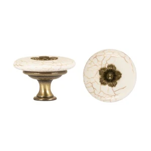 SOLID WHITE STONE 40mm CABINET DRAWER PULL CUPBOARD KNOB - ANTIQUE BRASS BASE - Picture 1 of 4