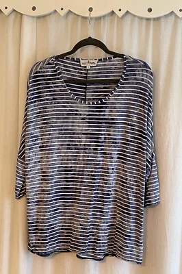 Neon Buddha Women’s S 3/4 Sleeve Tunic Tee Blue White Stripe Rayon Blend - Image 1 of 4