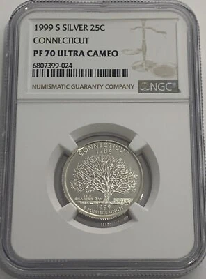 1999 S Proof Silver Connecticut Quarter NGC PF70 Ultra Cameo State 25c White - Image 1 of 3