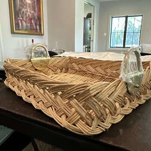 Vintage rectangle Farmhouse Basket Tray Wicker With Gold brass Metal Handles NEW - Picture 1 of 10