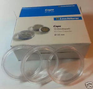 CAJA 10 CAPSULAS MONEDA REDONDA 33 mm. MARCA LEUCHTTURM PRIMERA CALIDAD ALEMANA - Foto 1 di 1