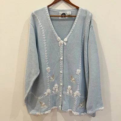 Storybook Knits Cardigan Womens 3X Blue Embroidered Crochet Hummingbird Granny - Image 1 of 4