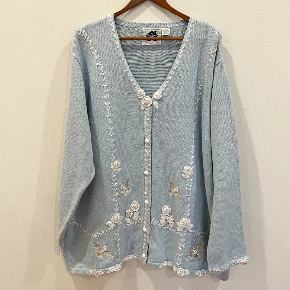 Cárdigan de punto Storybook para mujer 3X azul bordado ganchillo colibrí abuela Foto 1 de 4