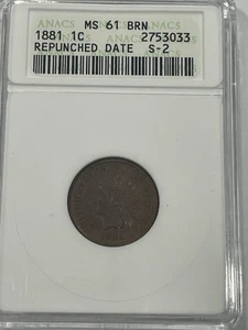 1881 Repunched Date S-2 Indian Head Penny Graded MS-61 BRN By ANACS - Picture 1 of 3