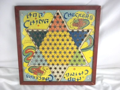 Vintage Red Wood Framed Hop Ching Chinese Checkers Board 16" - Image 1 of 4