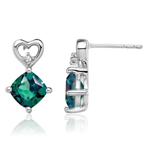 14K Solid White Gold Lab Alexandrite Diamond Heart Dangle Earrings - Picture 1 of 11