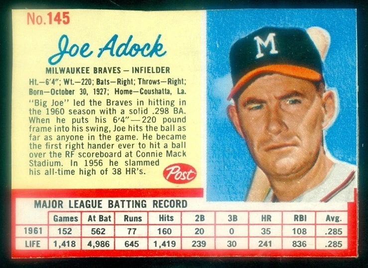 1962 POST #145 JOE ADCOCK (ADOCK ERROR) EX - Image 1 of 1