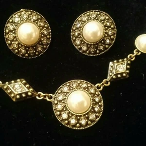 Bronze and Faux Pearl with Rhinestones Necklace and Earrings NEW no box - Picture 1 of 4