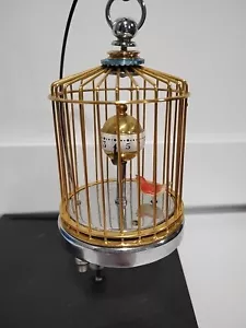 Genuine Antique Horizontal Clock Red Bird in Cage with Stand, - Picture 1 of 8