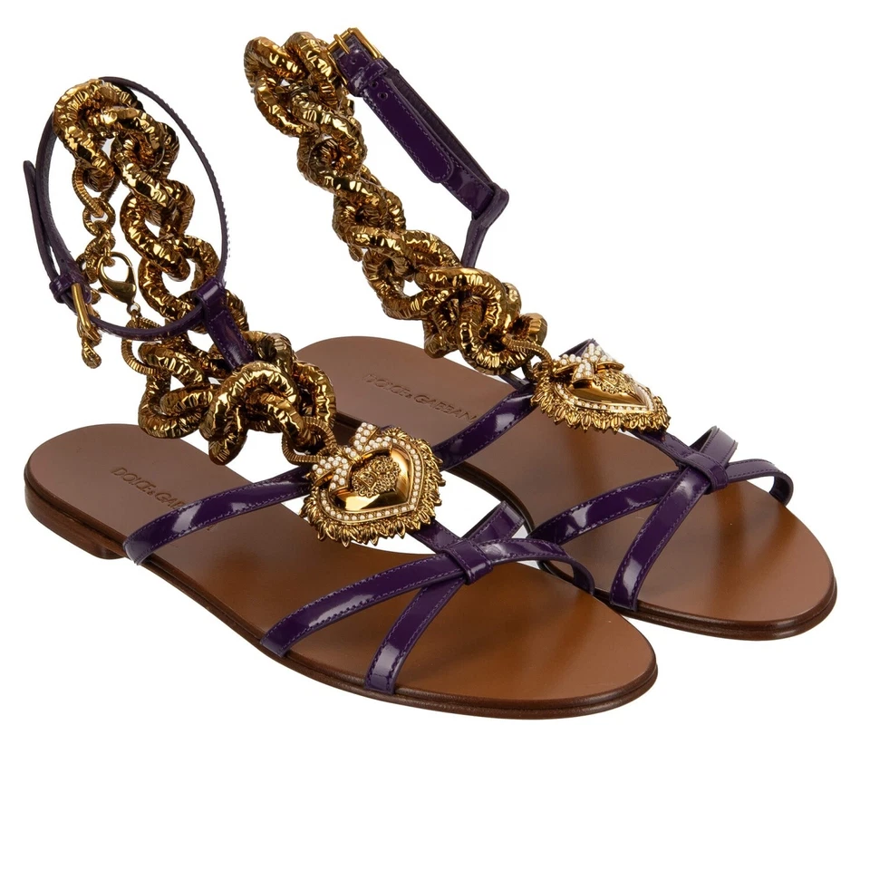 DOLCE & GABBANA DEVOTION Pearl Heart Leather Sandals Shoes BIANCA Chain Purple - Image 1 of 4