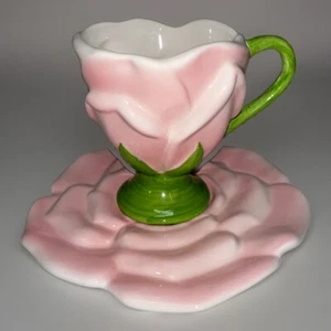 Vintage Teleflora Gift Pink Rose Ceramic Cup & Saucer Set New Condition - Picture 1 of 6