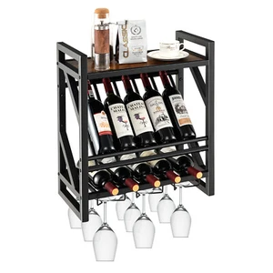 Giantex Wall Mounted Rustic Wine Rack 10 Bottles Display Holder W/ Glass Holder - Picture 1 of 9