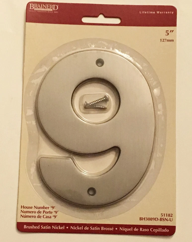 Brainerd Door House Address Street Number #9 Brushed Satin Nickel 5" 127mm 5 in - Image 1 of 1