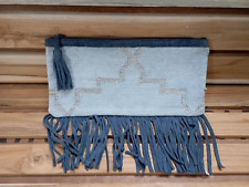 Handmade cotton dhurrie clutch with leather fringes woven boho style clutch