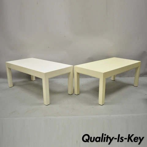 Vintage Modern Solid Wood Cream Lacquered Parsons Low Pedestal Side Table - Pair Cover