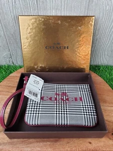 Genuine COACH Peyton Glen Plaid Print Small Wristlet F52142 Silver/Cranberry NEW - Picture 1 of 7