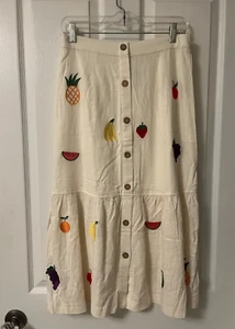 ANTHROPOLOGIE Modcloth PEPALOVES Button Front Skirt Sz M Embroidered Fruit New! - Picture 1 of 8