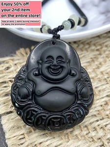 Jade Obsidian Buddha Charm Anhänger Halskette Perlen Kordel Handarbeit Geschnitzt Edelstein - Bild 1 von 8