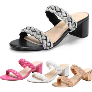 Women Wedding Party Slip On Sandals Open Toe Low Chunky Heel Sandals - Picture 1 of 11