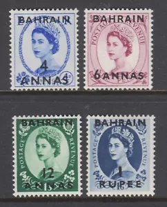 Bahrain Sc 87-90 MLH. 1952-54 QEII Surcharges on Great Britain stamps, fresh VLH - Picture 1 of 2
