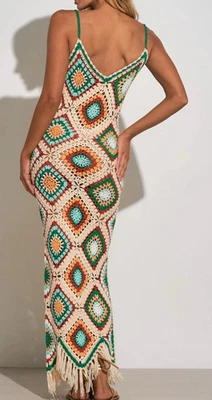 Elan Dress Med Crochet Maxi Fringe Hippie Boho Festival Resort Cruise Cover Up - Image 1 of 4