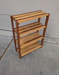 Vintage Rustic Slat Acacia Teak Wood Bookshelf Plant Display Shelf Etagere - Picture 1 of 21