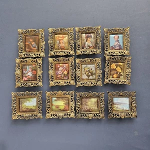 12 Vtg Padded Satin Portrait floral Pictures 4x3 Plastic Gold Frames Hong Kong - Picture 1 of 8