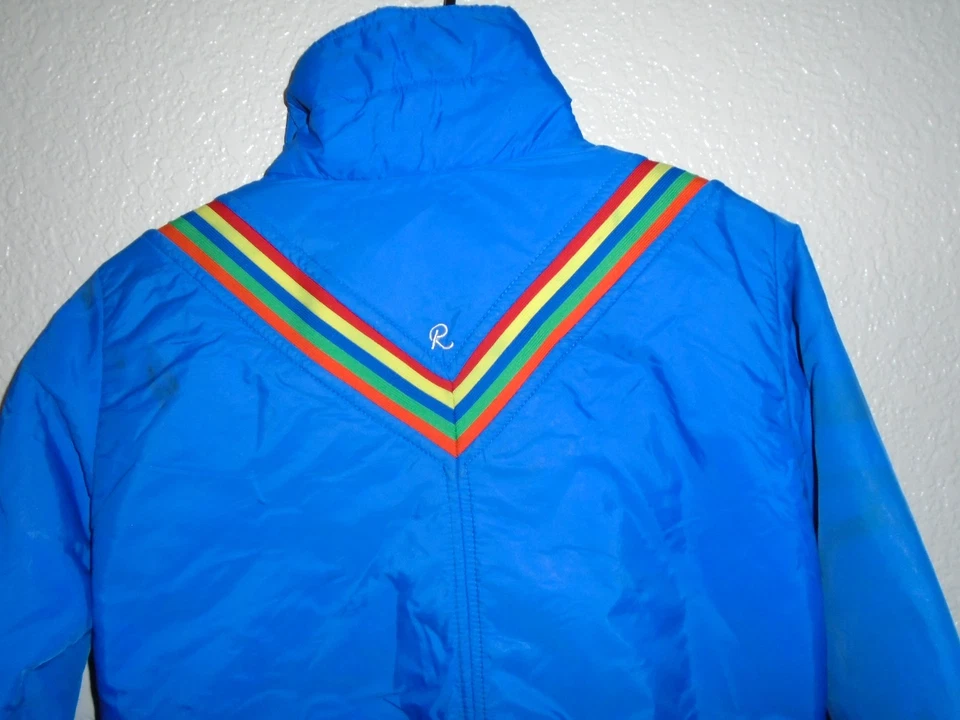 Vintage Roffe 1980s Rainbow Down Filled Blue Ski Jacket size 10 small - Image 1 of 4