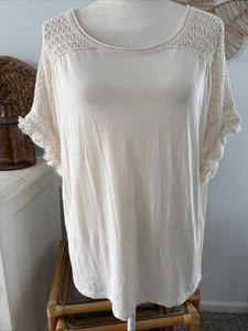 LOFT Ann Taylor Shirt Blouse Top Short Sleeve Wide Neck Cream Crochet Fringe XL - Picture 1 of 7