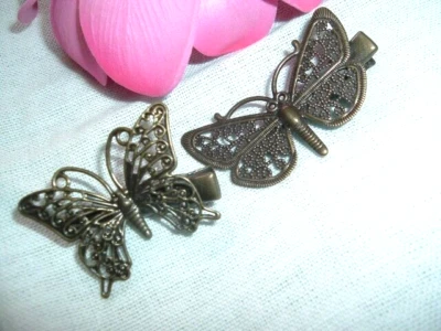 Pair Victorian Beaded Brass Butterfly Hair Clips 1-3/4" - Image 1 of 3