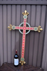 Antique XL 37" neo gothic wood carved hand paint fleur de lys church crucifix - Picture 1 of 7