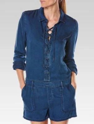 Paige Arley Long Sleeve Lace Up Denim Shorts Romper  -size Large -retail $239 - Image 1 of 4