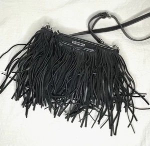Rebecca Minkoff Fringe Black Crossbody Hippie Boho Leather Bag Purse Adj Strap - Picture 1 of 7