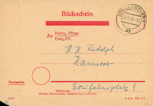 BRD Rückschein v.23.06.1948 an Adresse