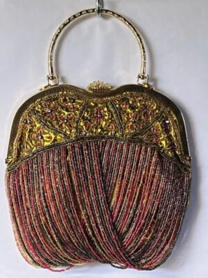 Vintage Baguette Formal Vidrio Cuentas Flecos Enmarcado Beso Cierre Mango Superior Foto 1 de 4