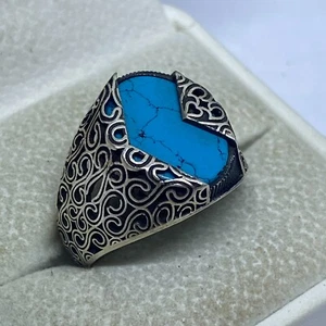 Handmade 925 Silver Men's Ring Blue Turquoise US 13 – 5.5g Unique Design - Picture 1 of 2
