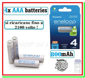 4 Eneloop Panasonic Pile Batterie Ricaricabili Ministilo AAA 800mAh 2100 cicli
