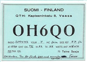 QSL Finnish Radio OH6QO Vaasa Finland Suomi amateur 1952 Toivo Suoja DX SWL - Picture 1 of 1