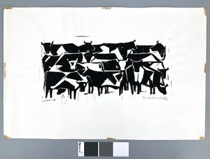 *LINOLSCHNITT WALTER KALOT RINDERHERDE OCHSEN SIGNIERT 1962 ORIGINAL EXPRESSIV - Bild 1 von 7