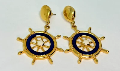 Pendientes colgantes náuticos vintage Avon Ship to Shore rueda esmaltada azul Foto 1 de 4