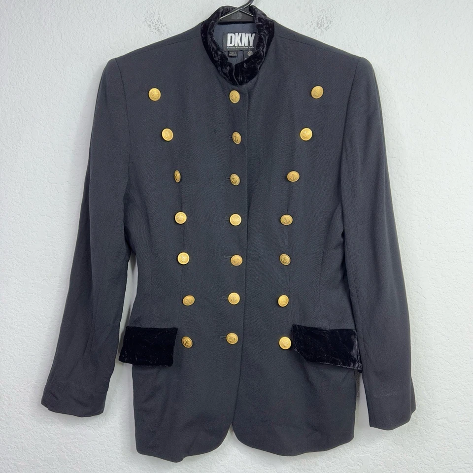 Blazer DKNY Mujer 8 Negro Lana Dorado Botón Terciopelo Cuello Militar De Colección Preppy Foto 1 de 4