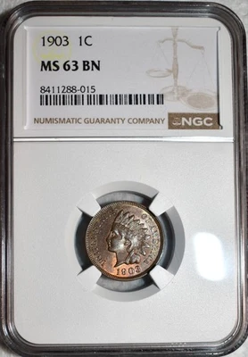 NGC MS-63 BN 1903 Indian Head Cent, Highly Lustrous & Lightly Toned. - Image 1 of 2