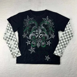Vintage Cyber Y2K Dragon Star Logo Grunge Baseball Long Sleeve Checkered Boys XL - Picture 1 of 7