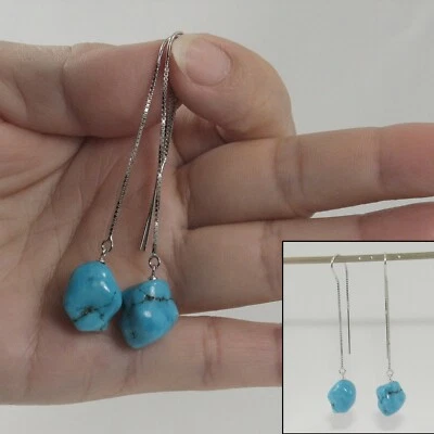 Solid Sterling Silver 925 Baroque Turquoise Box Chain Threader Earrings - Image 1 of 4