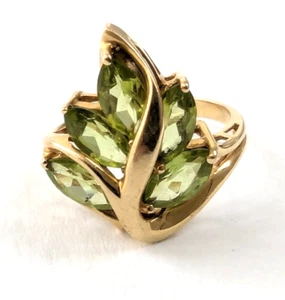 14k Yellow Gold Peridot Fern Leaf 2.5 ct Cocktail Ring 5 Marquise Stones Size 7 - Picture 1 of 12