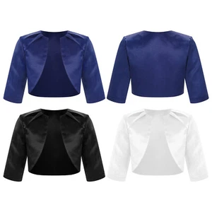 UK Girls 3/4 Sleeve Satin Cardigan Open Front Pleated Bolero for Party Wedding - Picture 1 of 42