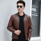 Men's Stand-Up Collar Short Cowhide Leather Motorcycle Jacket Slim Outwear