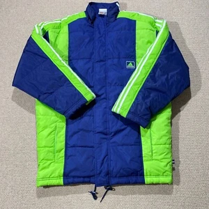 VINTAGE Adidas Parka Jacket Mens Large Blue Neon Green Long Football Rain Coat - Picture 1 of 12